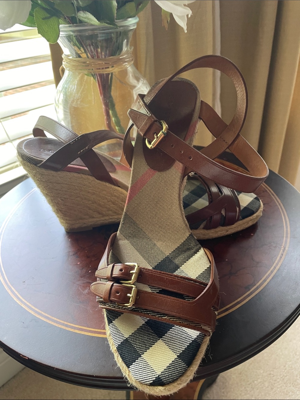 Burberry Brown Leather & Beige Check Espadrille Wedge Sandals - Picture 5 of 16